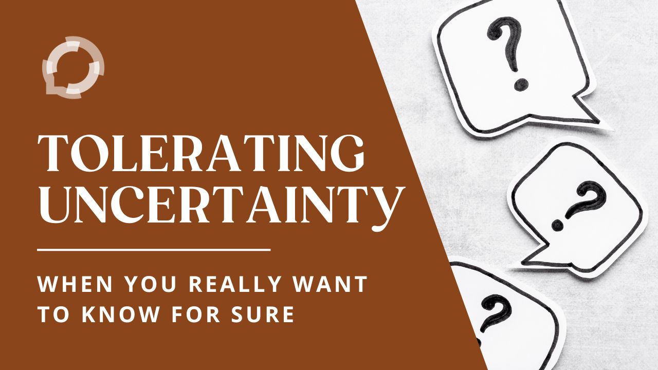 Speech bubbles with question marks. The title reads: "Tolerating Uncertainty When You Really Want to Know For Sure"